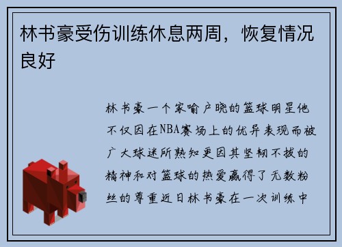 林书豪受伤训练休息两周，恢复情况良好
