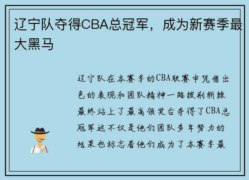 辽宁队夺得CBA总冠军，成为新赛季最大黑马